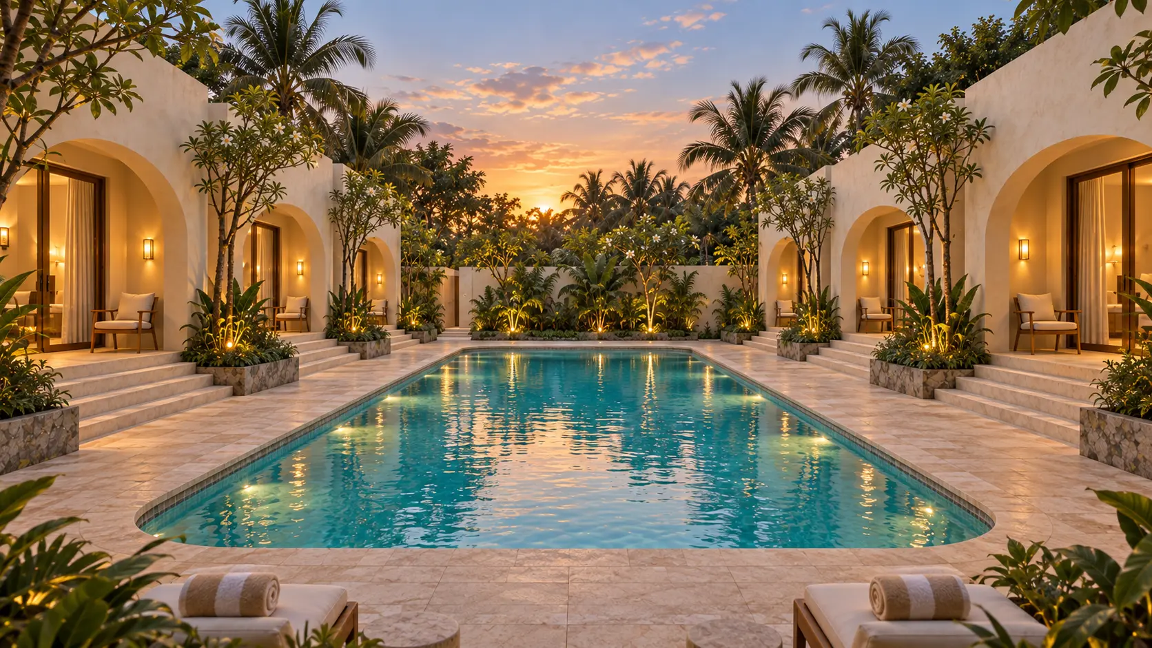Artist's impression of Tropical Condo at dusk, six private stays around a tropical pool