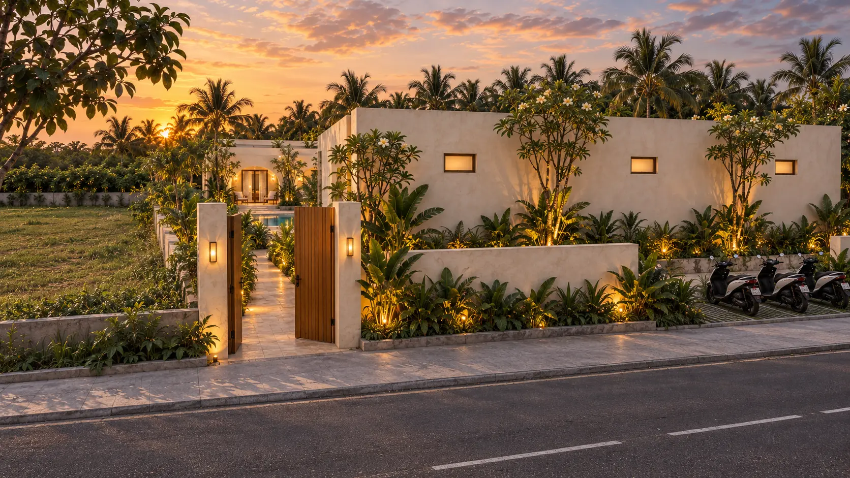 Artist's impression of the landscaped Tropical Condo entrance at sunset