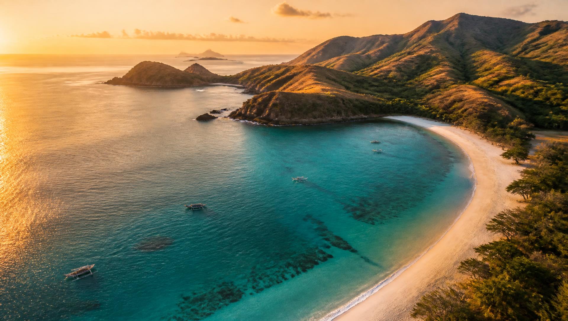 Areguling coastline with turquoise bay and dry green hills