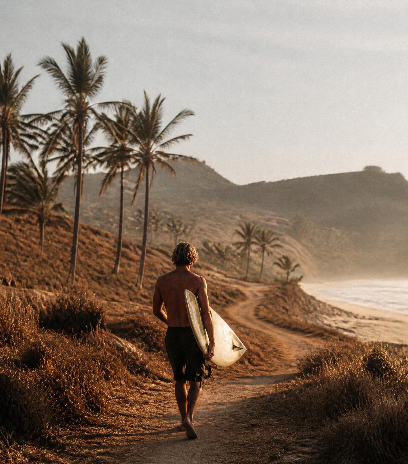 Surfer walking a coastal path in Areguling at sunrise